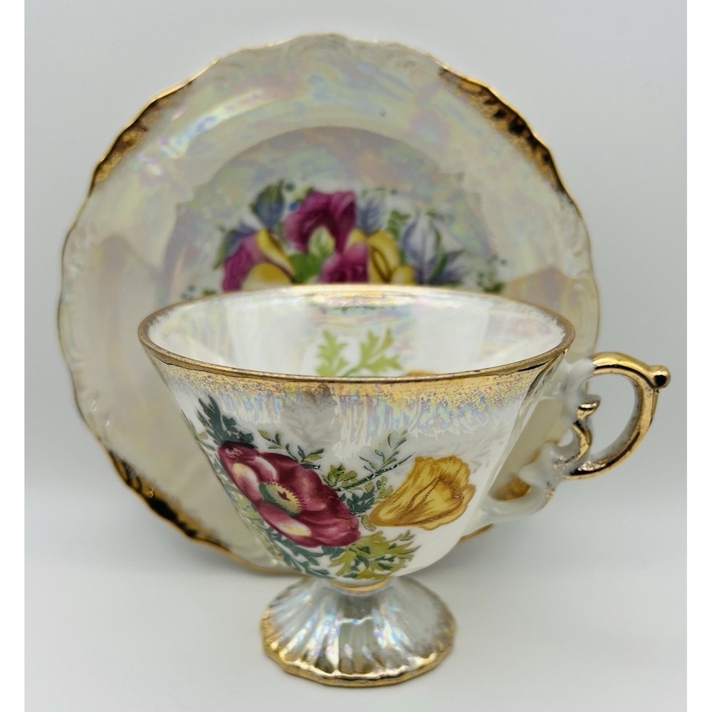 Enesco Teacup Saucer Lusterware August Poppy Footed Japan Vintage Floral